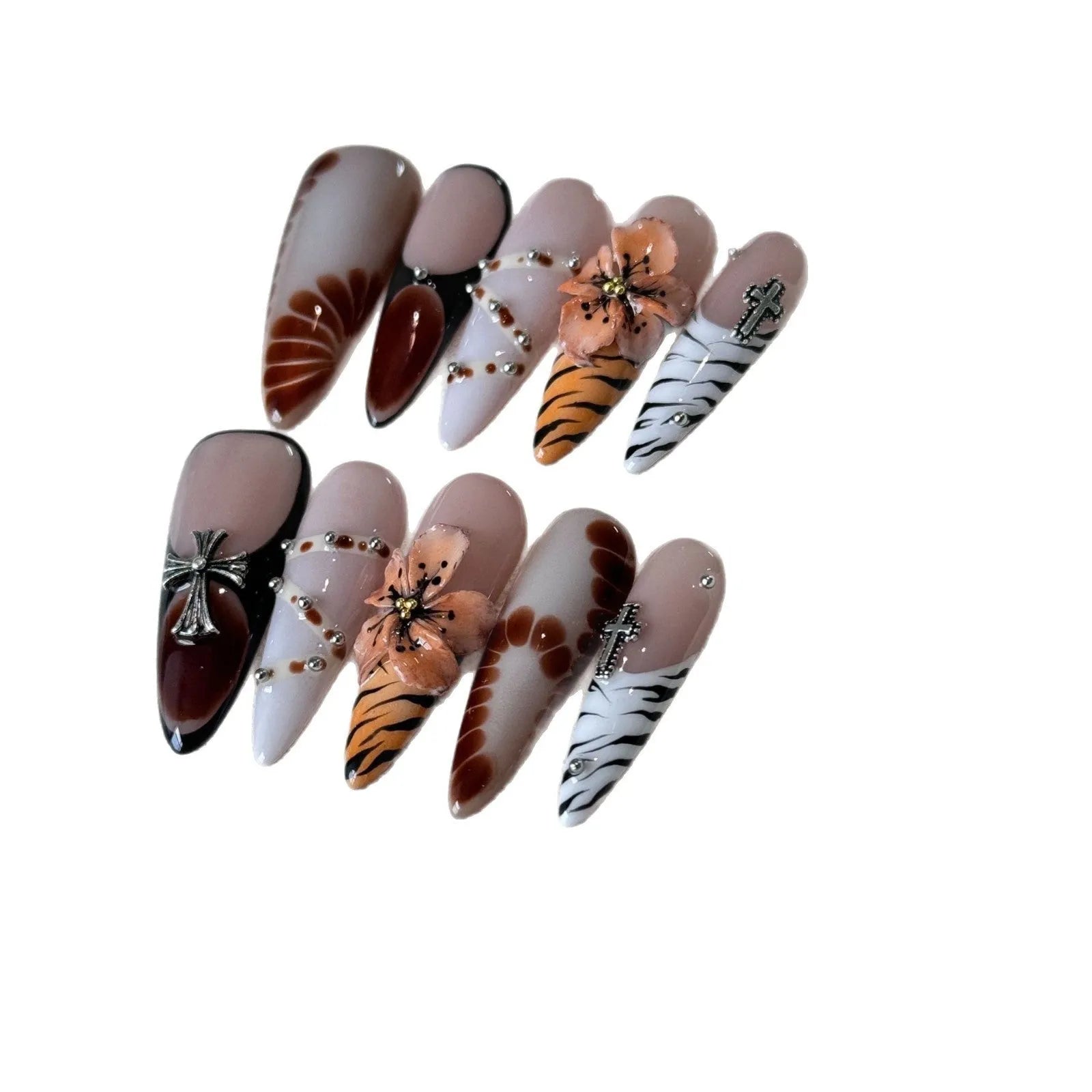 Handmade French style leopard print nail stickers with cross and flower patterns in long tip design available in sizes XS to L