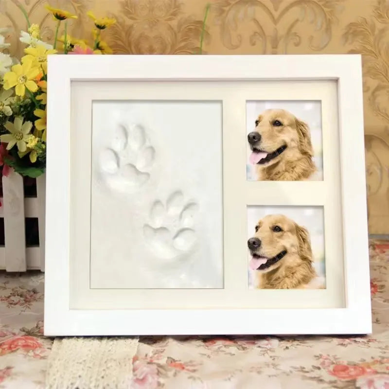Pet hand and foot print photo frame with black frame and white mud paw print