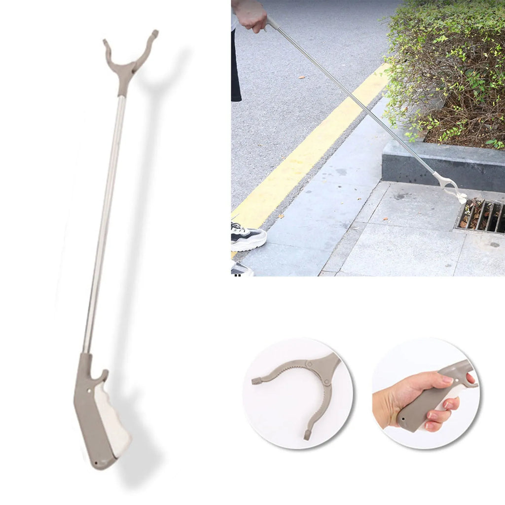 40cm stainless steel garbage picker tool with push-operation handle and non-slip gripper jaws