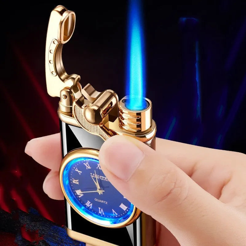 New lighter watch with electric ignition, zinc alloy case, blue flame - real watch dial shows time, multicolor options available