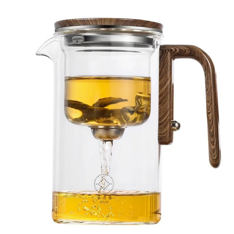 Glass teapot with magnetic water separation, walnut wood handle, borosilicate glass body, 500ml or 700ml capacity