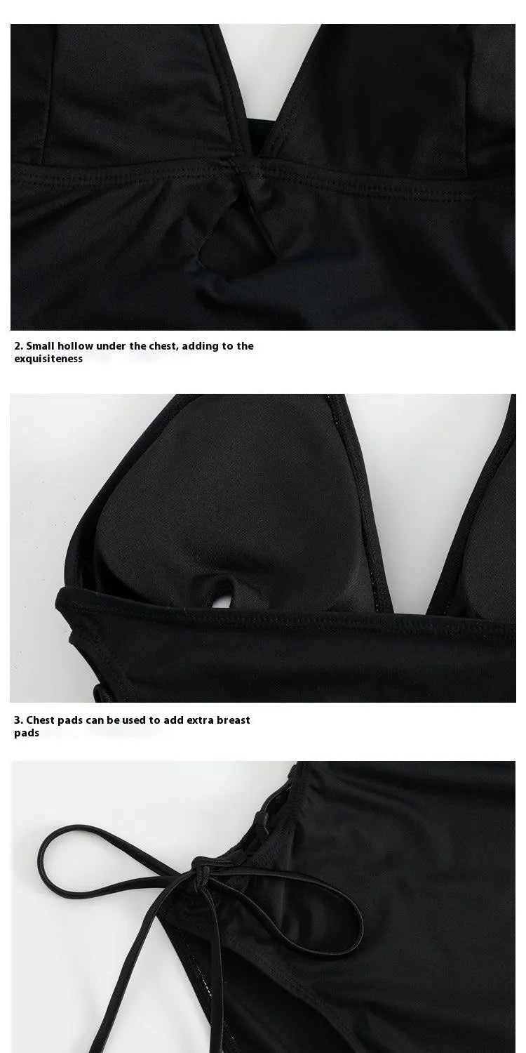 Women's black V-neck hollow strap niche one-piece swimsuit on plain background