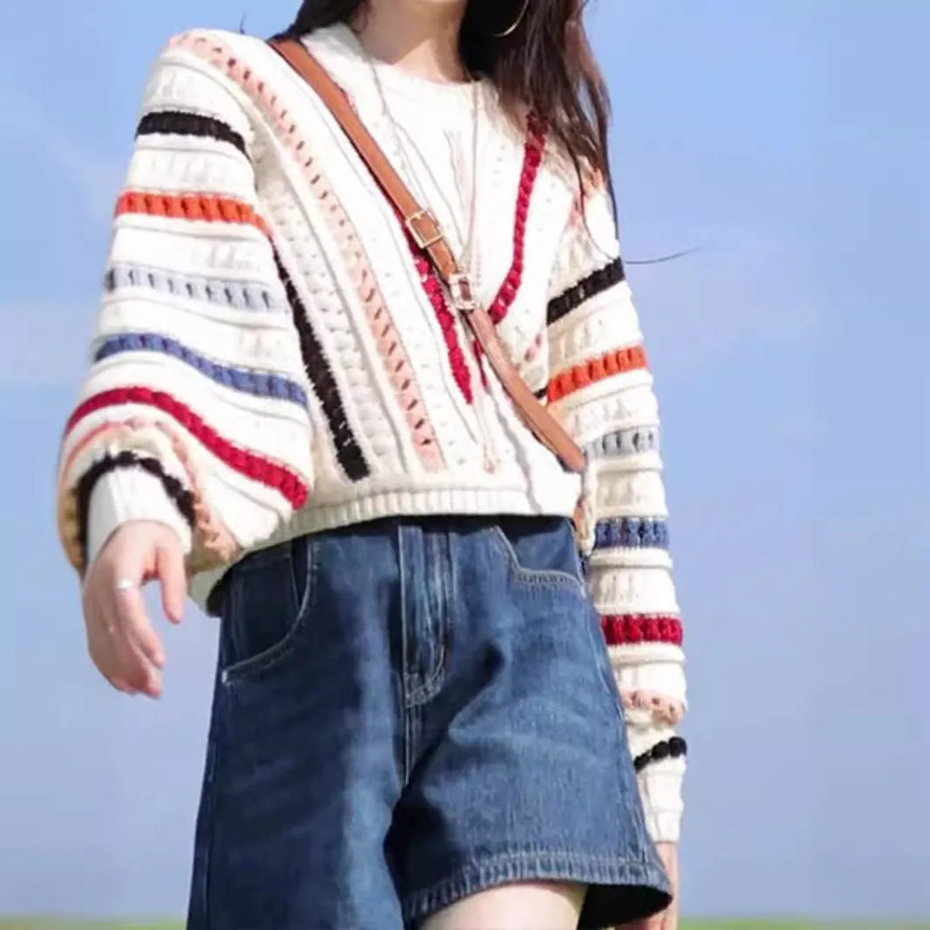 Rainbow striped loose fit pullover sweater with batwing sleeves in retro style