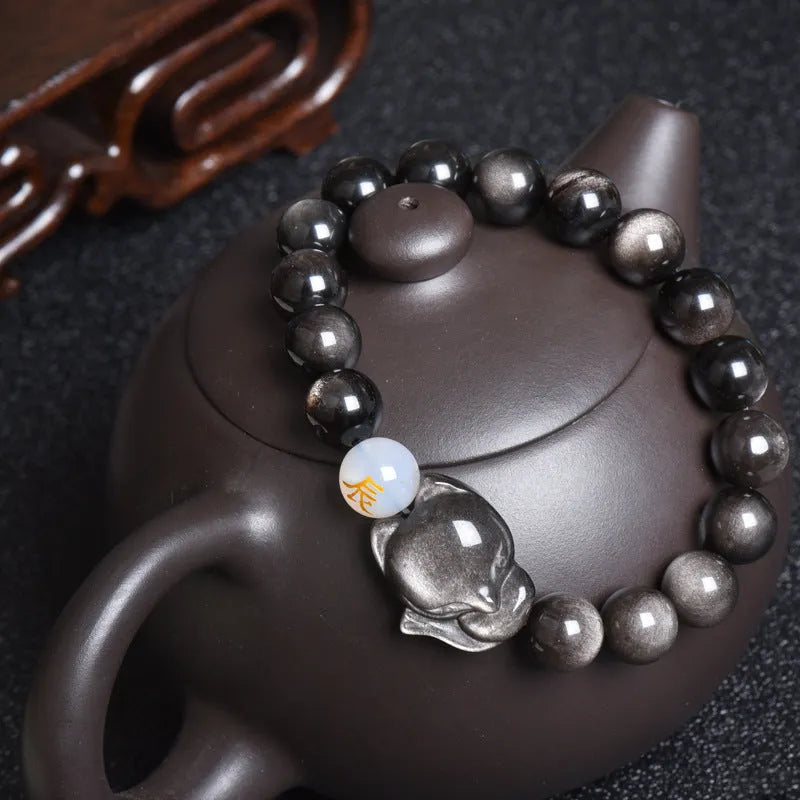 Natural obsidian bracelet zodiac guardian with 10mm beads in gold obsidian finish