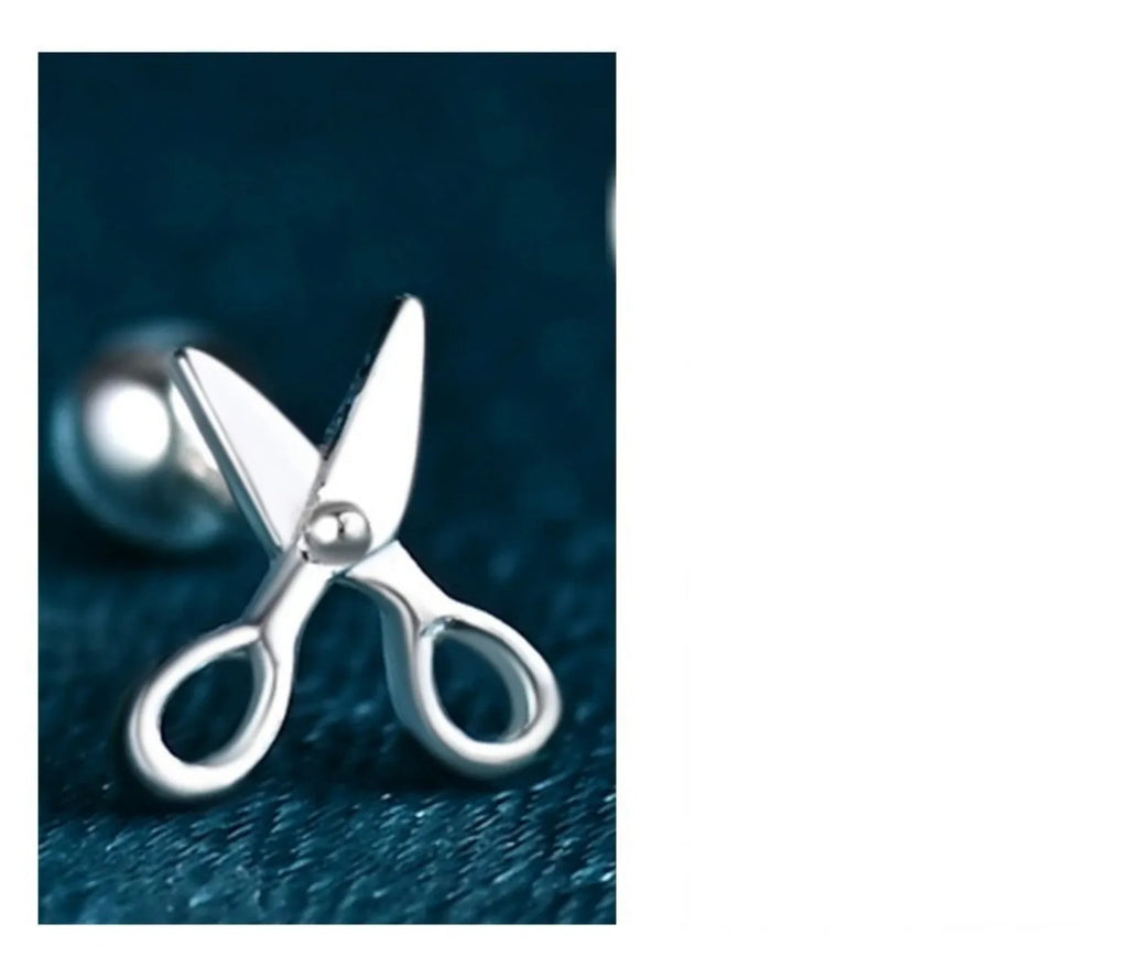 Pure silver screw-style clip-on earrings with miniature scissors charm design for women