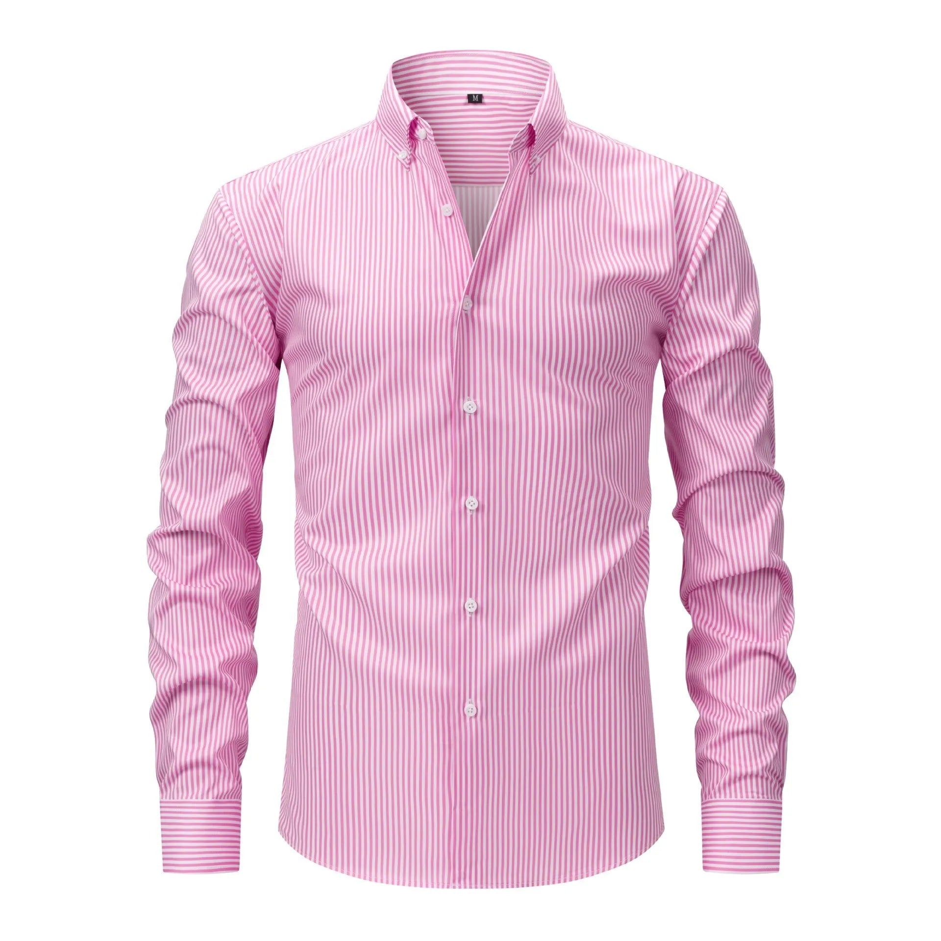 Men's striped long sleeve business shirt with lapel collar in non-iron anti-wrinkle fabric