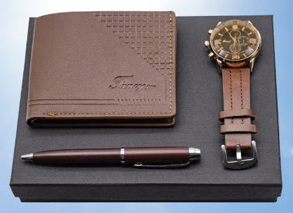 Brown and black 4-piece business gift sets featuring a watch, wallet, pen, and modern simple style presentation box.
