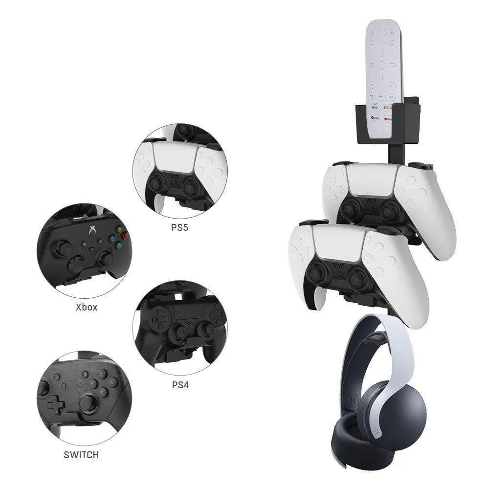 White ABS plastic wall-mounted hook holding a PS5 controller and gaming headset.