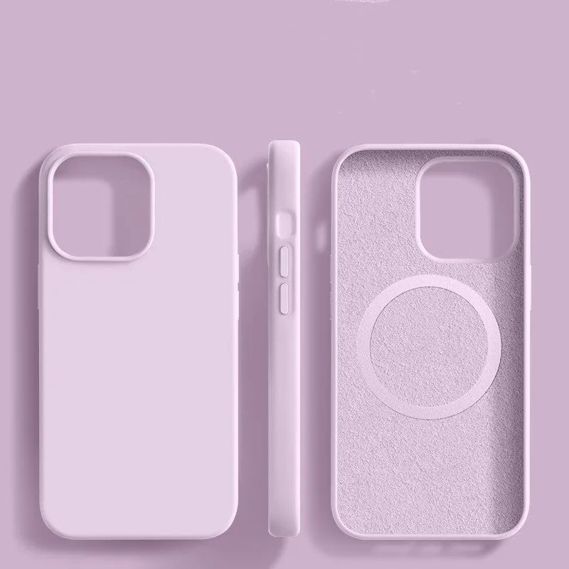 Liquid silicone magnetic phone case with frosted laser finish for iPhone 16 series in black