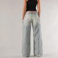 Loose straight wide leg cotton mop trousers in blue with low waist and splicing stitch detail