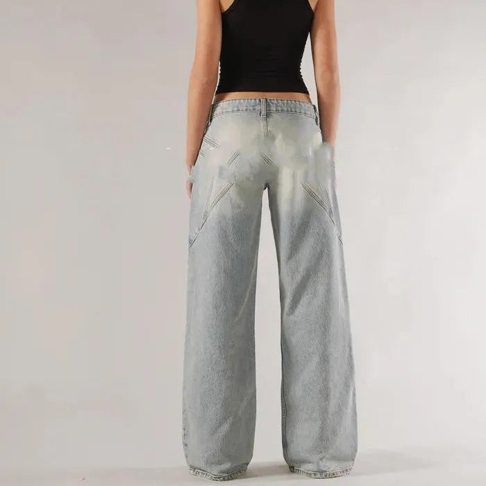 Loose straight wide leg cotton mop trousers in blue with low waist and splicing stitch detail