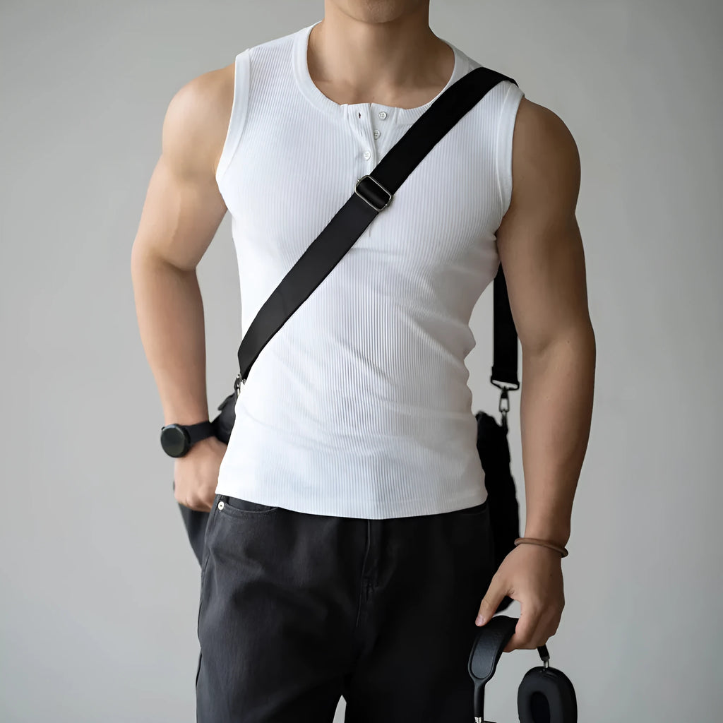 Four-sided stretch sunken stripe fitness vest in black, front view, straight hem, cotton-spandex-polyester blend