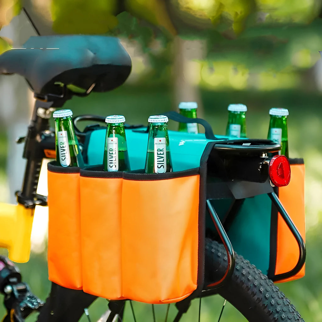 Black and blue orange bicycle double-sided shelf bag with 2 litre capacity mounted on bike