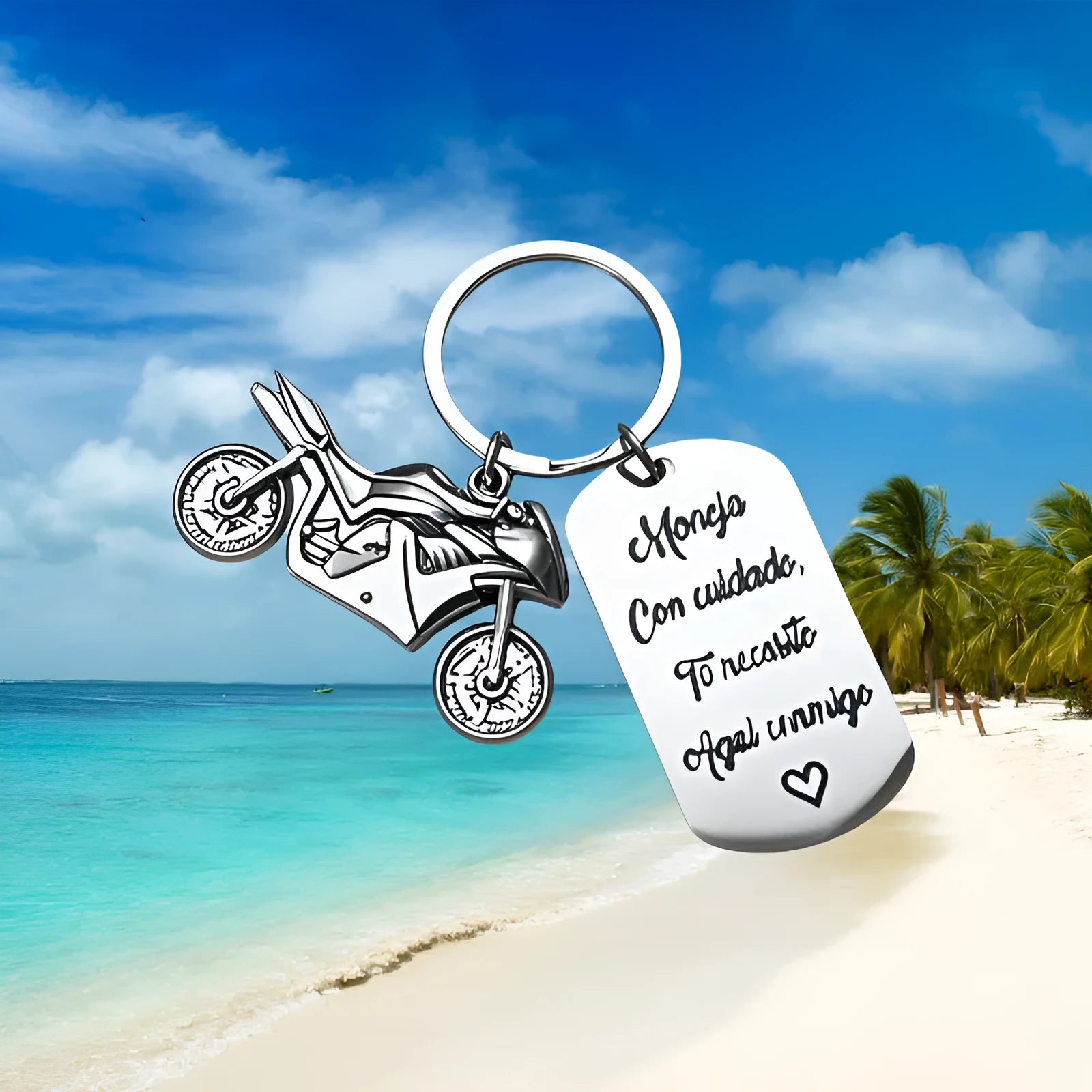 Stainless steel inspirational motorcycle keychain with metal ring and flannel storage bag.