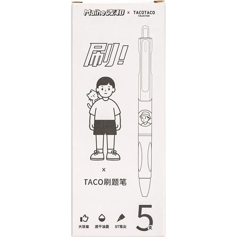 Five white Taco ballpoint pens with 0.5mm black ink refills