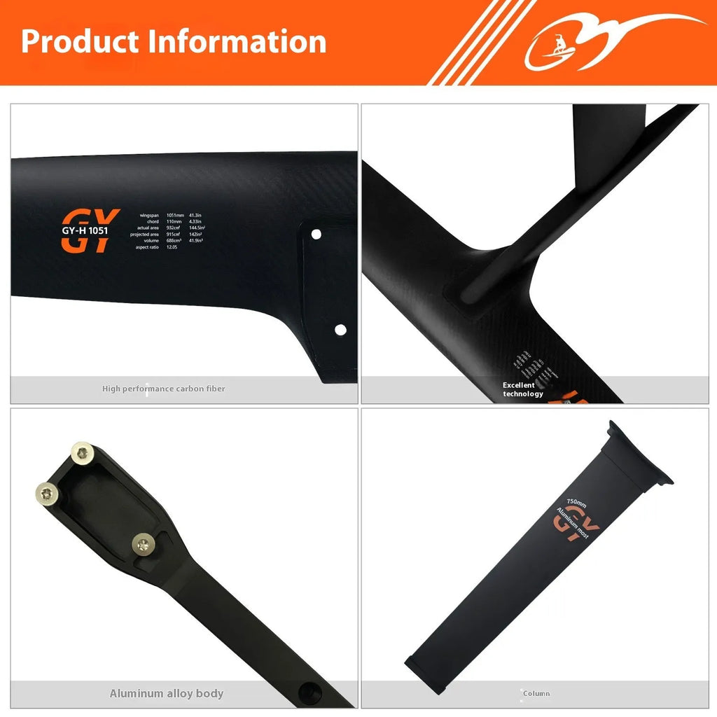 Carbon fiber racing hydrofoil surfboard attachment with aluminium alloy front wing