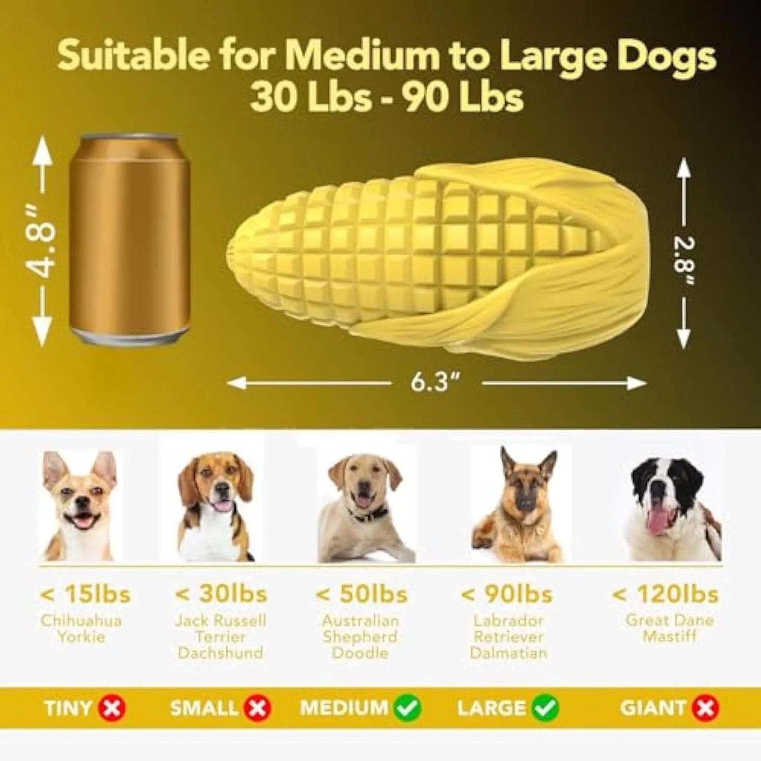 Blue and yellow corn-shaped dog chew toy with surface grooves for aggressive chewers