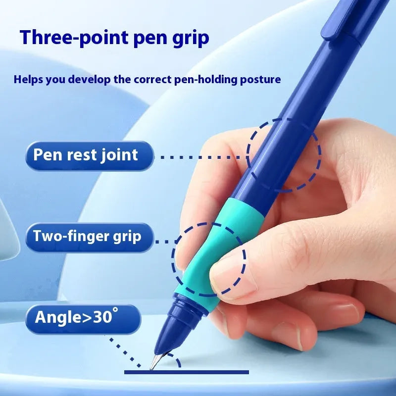Student Posture Correction Pen in blue, green-gradual, purple, and orange colour options showing its grip design.