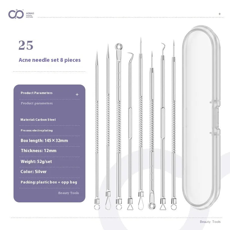 Four silver metal acne needles with ultra-fine points for blackhead removal.