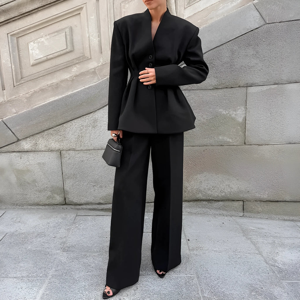 Black long sleeve V-neck pleated waist suit jacket and trousers two-piece set for women polyester solid colour