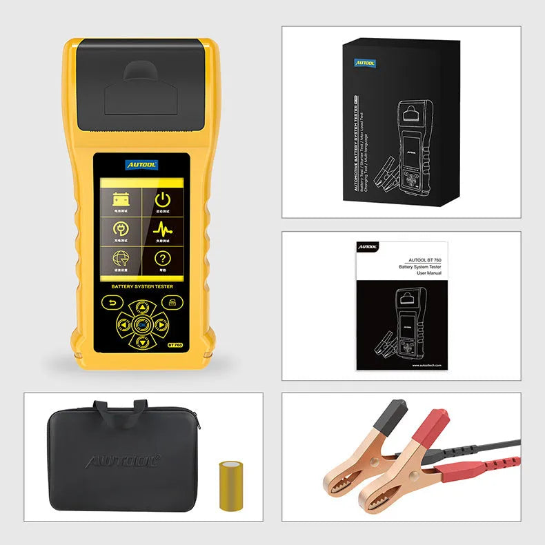 Autool BT760 vehicle battery tester with colour screen and connection clips on workshop bench