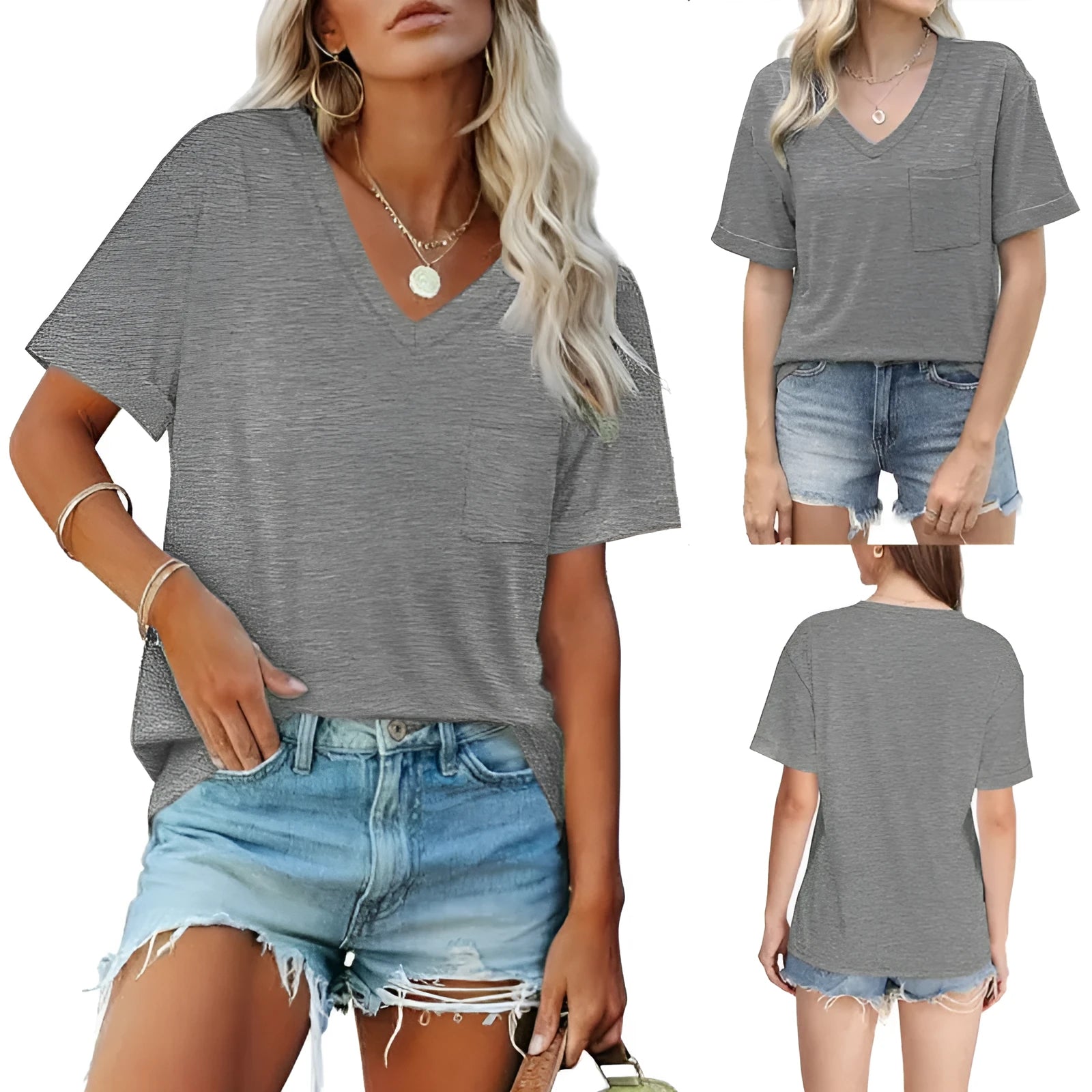 Grey loose fit men's V-neck T-shirt with chest pocket on short sleeves