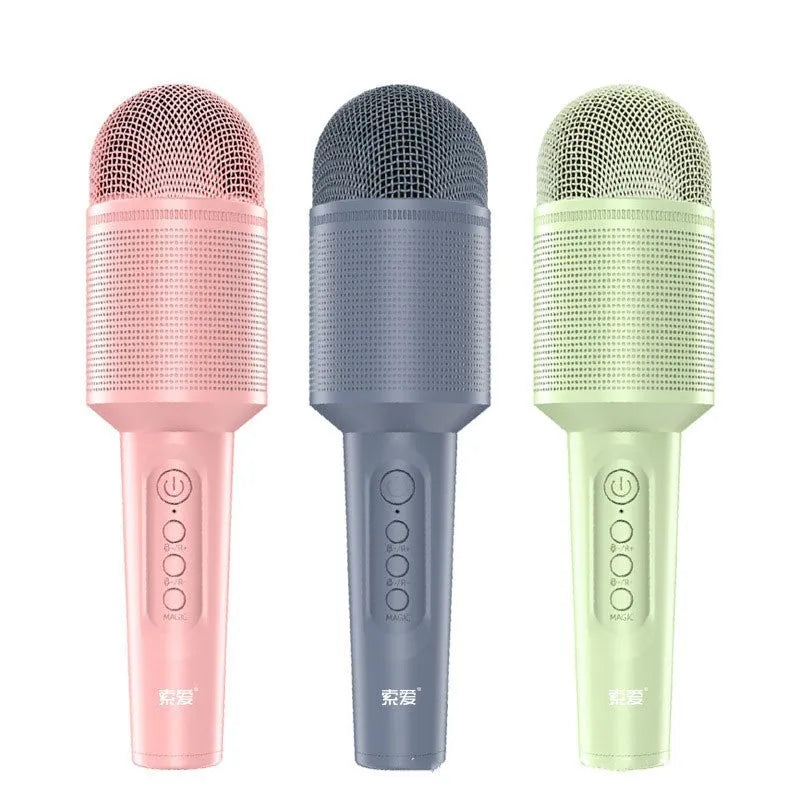 Wireless Bluetooth karaoke microphone in pink, blue, or green colour on a plain background.