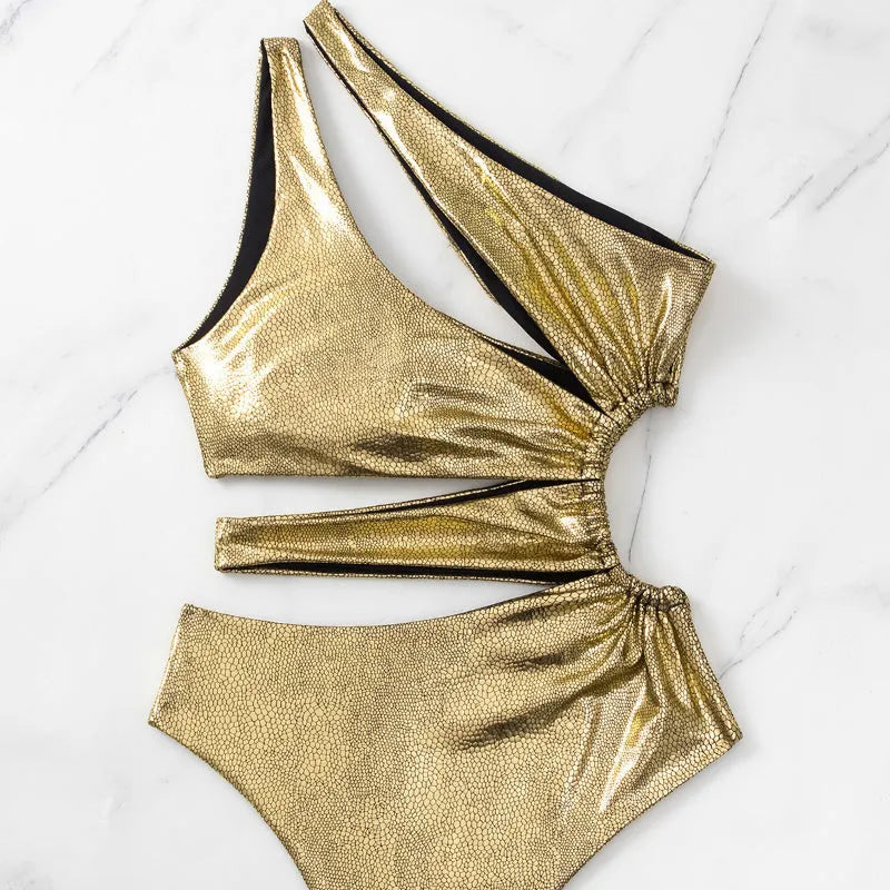 Gold backless one-piece swimsuit for women with spandex fabric