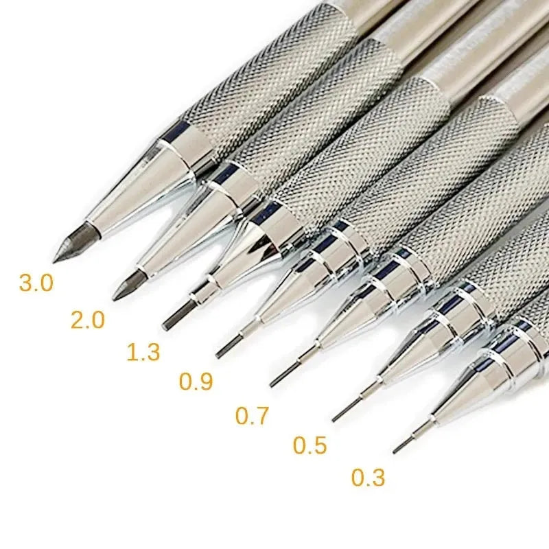 Metal automatic mechanical pencil with a choice of lead sizes including 0.5mm and 0.7mm, shown with a 2B refill.
