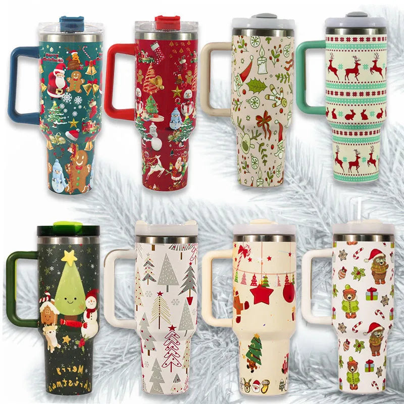 Christmas pattern stainless steel vacuum tumbler with handle, lid, and straw, 1200ml capacity