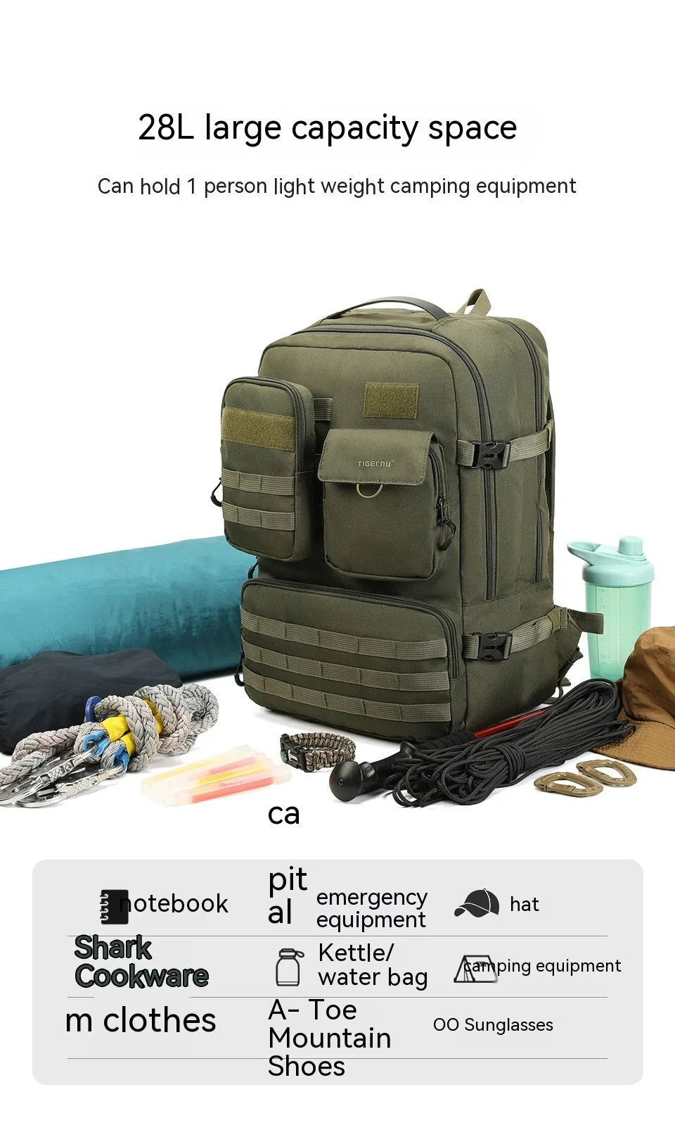 Army Green tactical waterproof backpack showing 17-inch laptop sleeve and wear-resistant nylon construction.