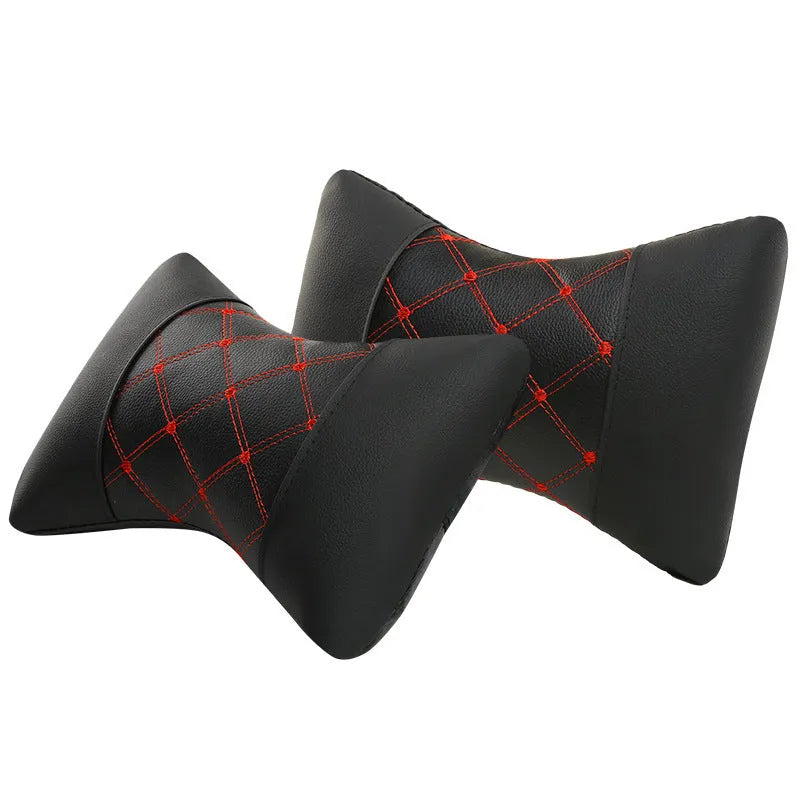 Black quilted artificial leather car headrest pillow with choice of coloured stitching for cervical support