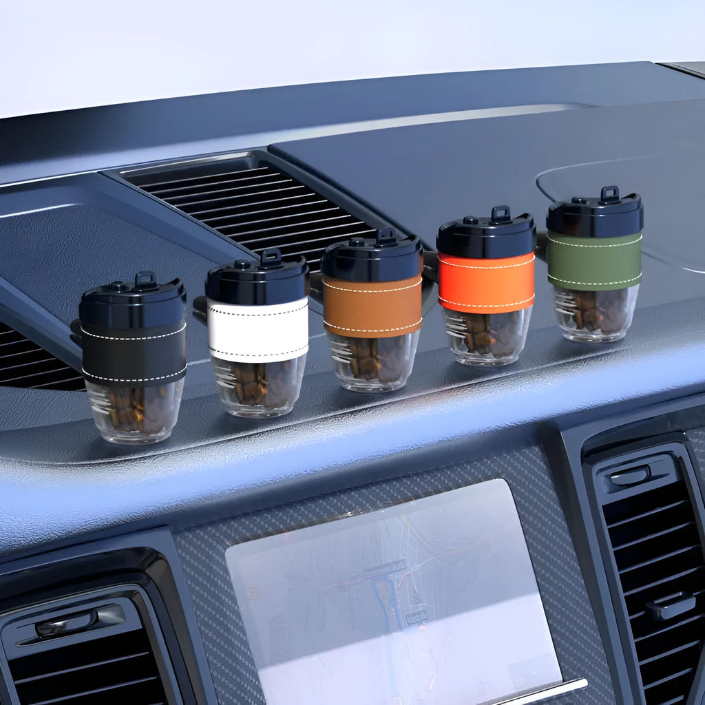 Solid coffee beans car perfume air freshener in plastic coffee cup design showing colour options