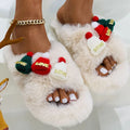 Women's Christmas hat design slippers with hairy faux plush upper, shown in black, khaki and white colour options.