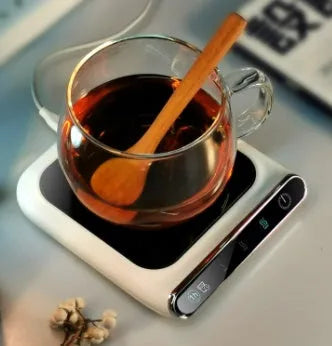 Black USB mini cup warmer with three-speed constant temperature controls on a desk, 118x132mm size