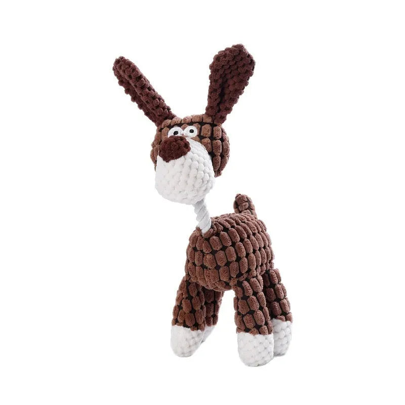 Assortment of soft plush pet toys: donkey, rechargeable duck, blue elephant, dizzy dog, and blink elephant.