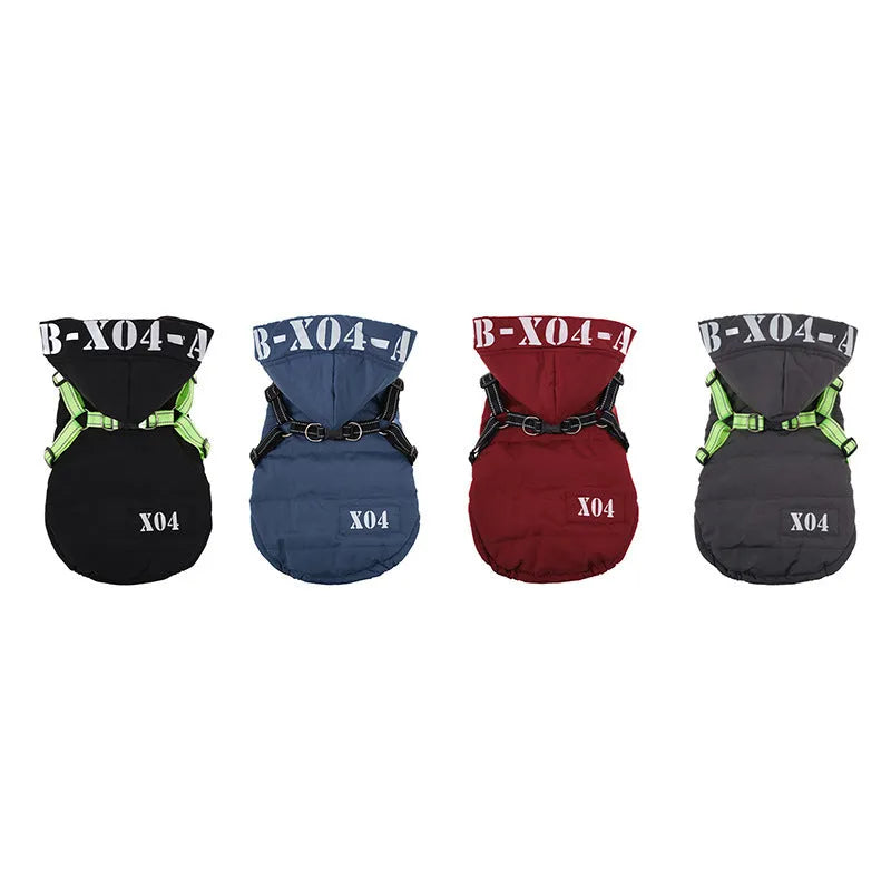 Red waterproof fleece-lined dog jacket with hood for winter wear on a small dog