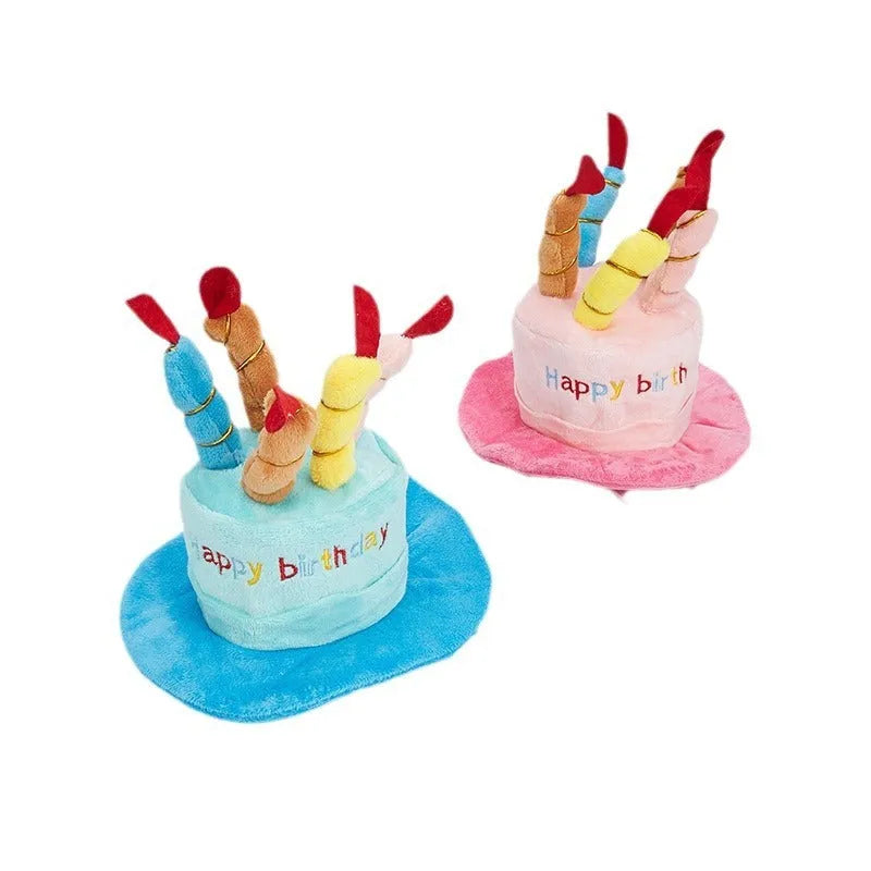 Blue and pink toy dog birthday hats showing 21cm width dimensions on plush animal