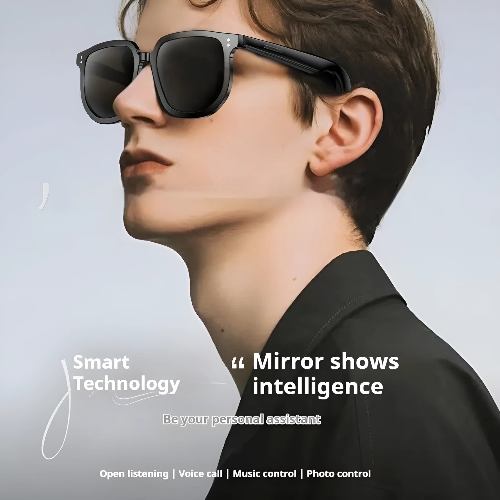 Black Bluetooth smart glasses with UV protection lenses and touch control for audio functions