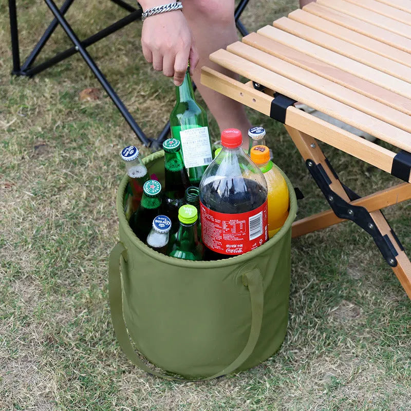 Outdoor folding telescopic duct in army green, 13L size, showing collapsed and extended positions on a plain background