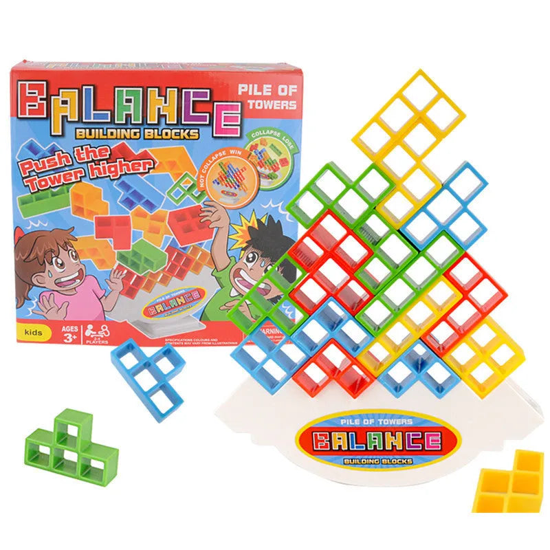Plastic balance stacking game with 16 coloured blocks, chassis and base for family travel parties