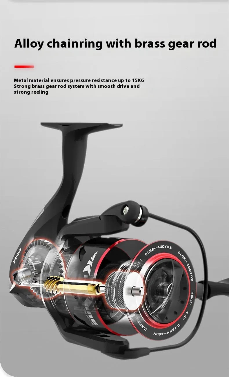 All metal spinning fishing reel in 2000 series on white background