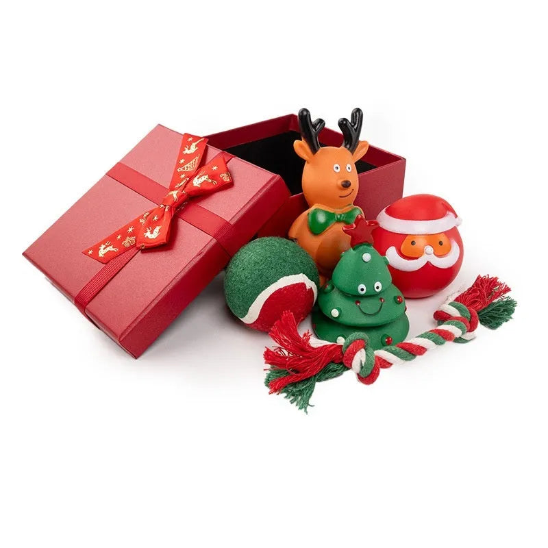 Set of Christmas-themed dog toys including barbell, sweet circle, Christmas tree, footprint ball, tennis bite rope, Santa Claus head, and yellow deer in vinyl material