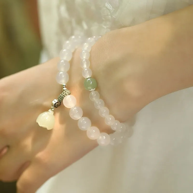 S925 silver bracelet with white agate and Hetian jade, lotus design, geometric national style for women