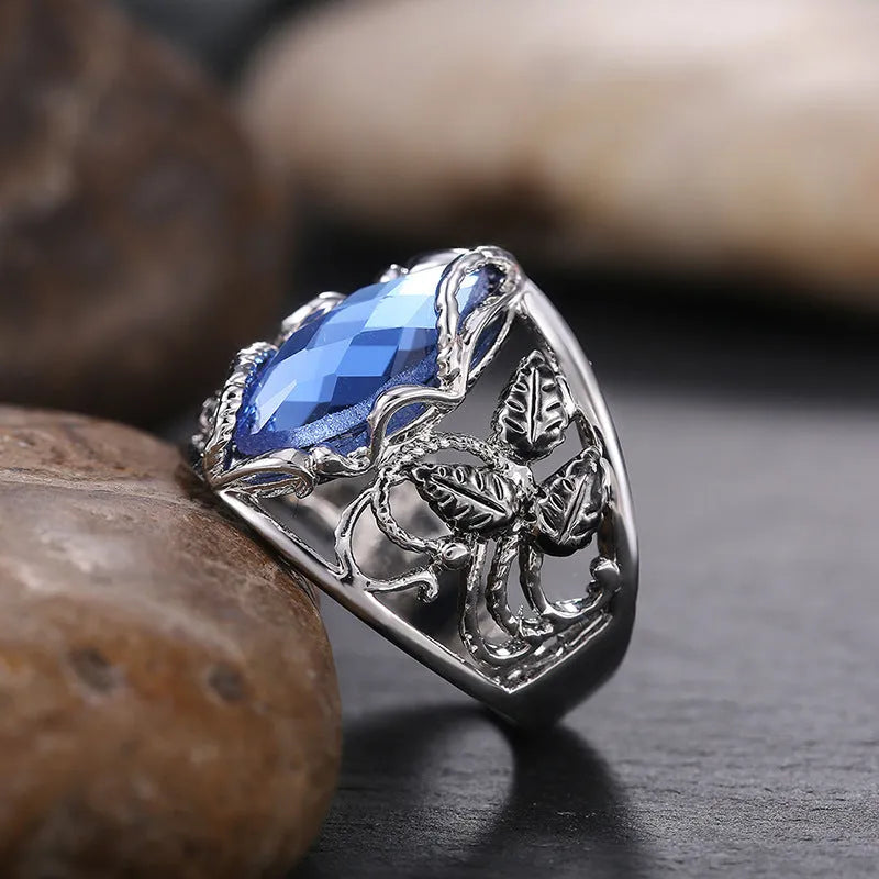 Blue F203 crystal inlay ring for women in alloy geometric horse eye shape, sizes 6 to 10