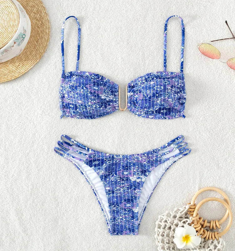 Women's high-waist floral bikini swimsuit in blue, orange, pink, or rose red.