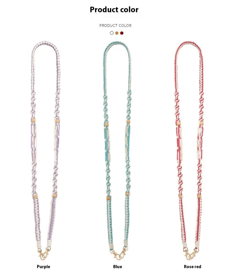 Hand-woven cotton mobile phone charm crossbody strap with alloy connectors in bohemian vintage pastoral style, available in multiple colours.