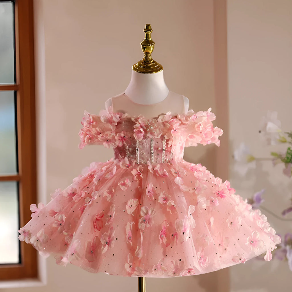 Pink girls' princess pettiskirt in polyester fibre with full layered skirt for 80-150cm height