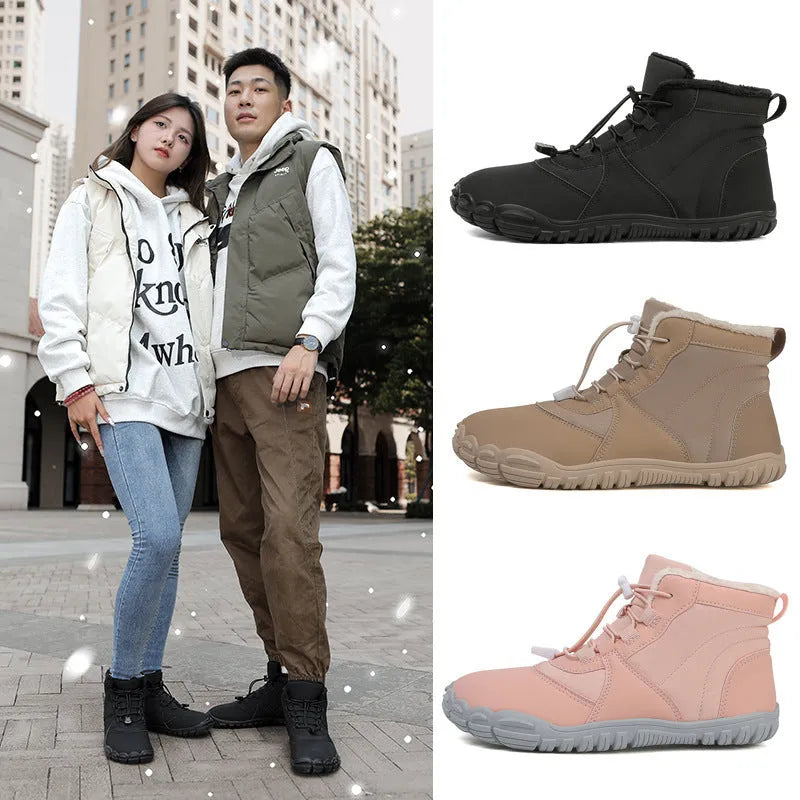 Outdoor snow boots with lace-up front, round toe, and black rubber sole shown in khaki colour.