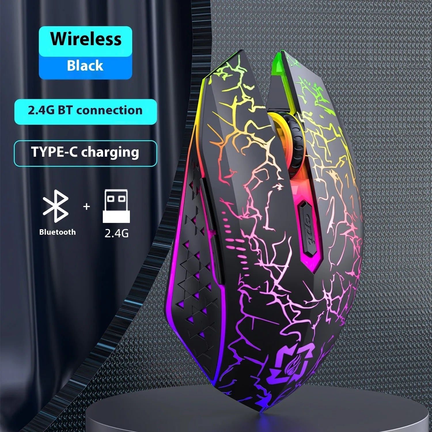 Black and white wireless gaming mouse with luminous breathing light and charging cable